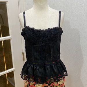 Vintage 90s Y2K 🖤 Betsey Johnson Black Ribbon & Lace Top, Size 8